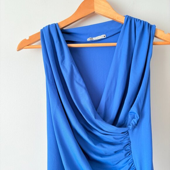Zara Draped Stretch Midi Dress Blue Size Medium Blogger Fav - Picture 6 of 8